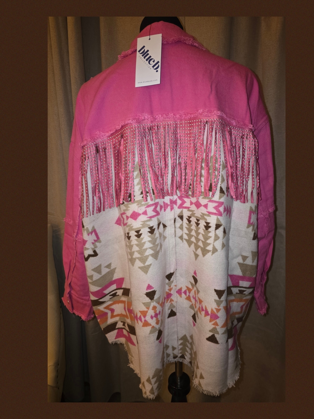 Aztec-Pattern Pink Fringe Denim Jacket - Picture 3 of 4
